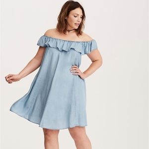 Denim Off Shoulder Trapeze Dress